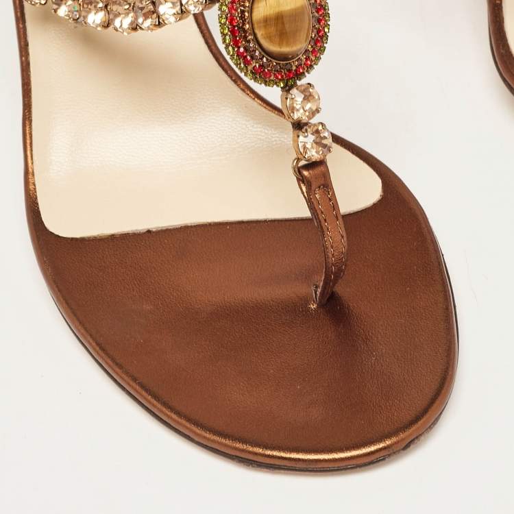 Pre Owned Jimmy Choo Metallic Bronze Leather Crystal Embellished Slide Sandals Size 39