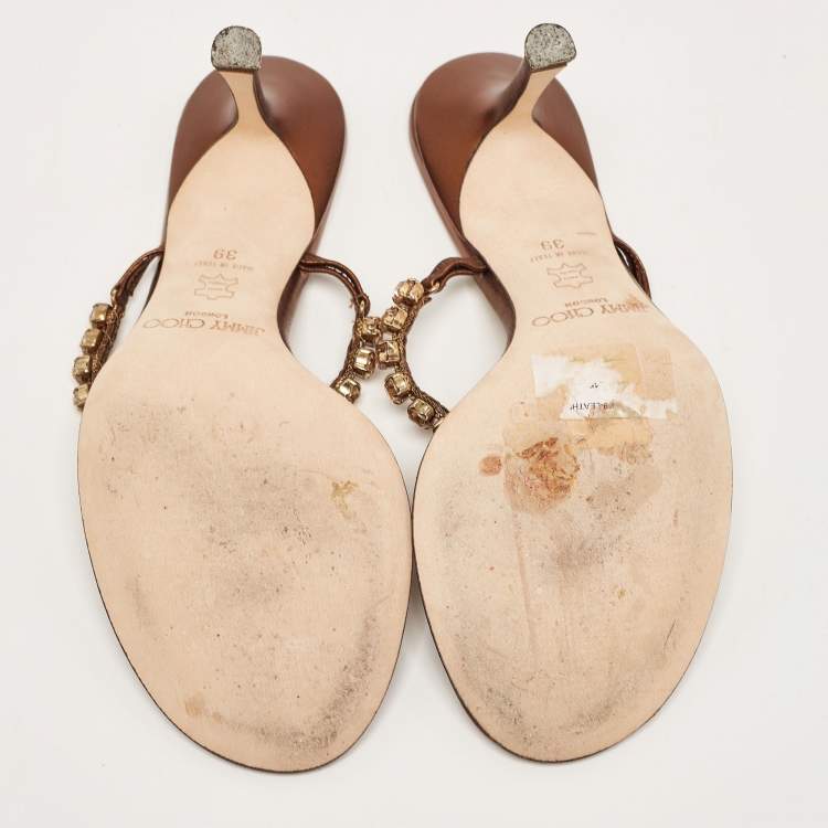 Pre Owned Jimmy Choo Metallic Bronze Leather Crystal Embellished Slide Sandals Size 39