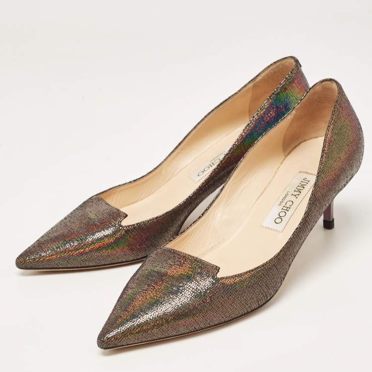 Pre Owned Jimmy Choo Metallic Laminated Suede Allure Pumps Size 38