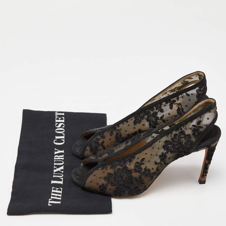 Pre Owned Jimmy Choo Black Lace,Suede and Mesh Shar Open-Toe Slingback Sandals Size 39