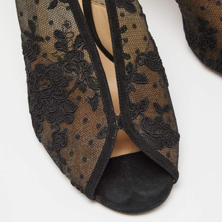 Pre Owned Jimmy Choo Black Lace,Suede and Mesh Shar Open-Toe Slingback Sandals Size 39