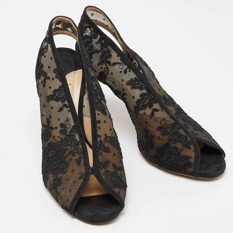 Pre Owned Jimmy Choo Black Lace,Suede and Mesh Shar Open-Toe Slingback Sandals Size 39