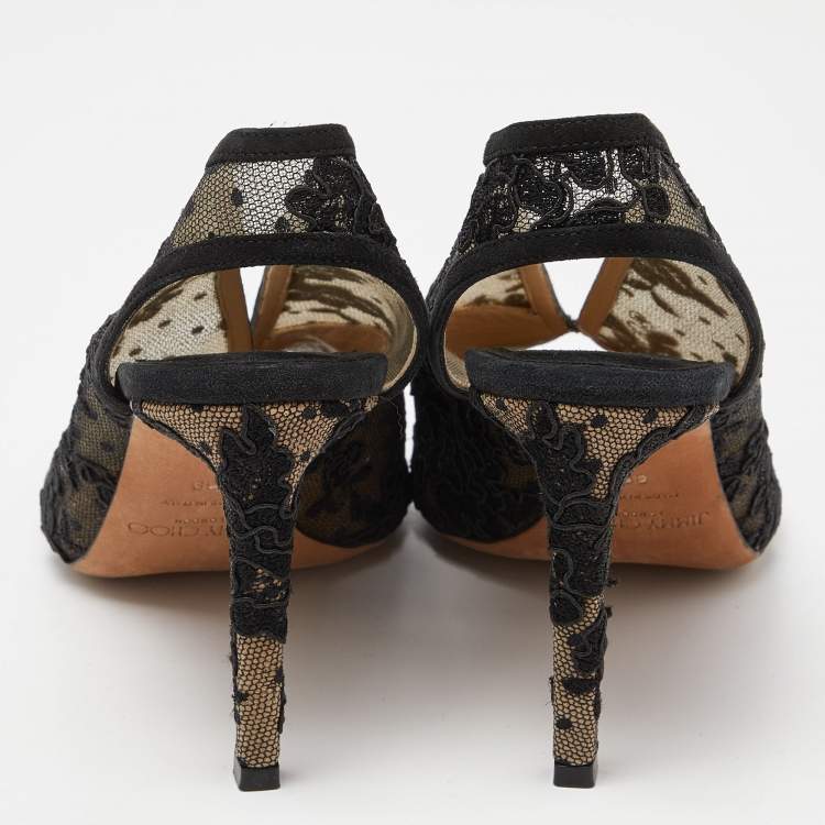 Pre Owned Jimmy Choo Black Lace,Suede and Mesh Shar Open-Toe Slingback Sandals Size 39