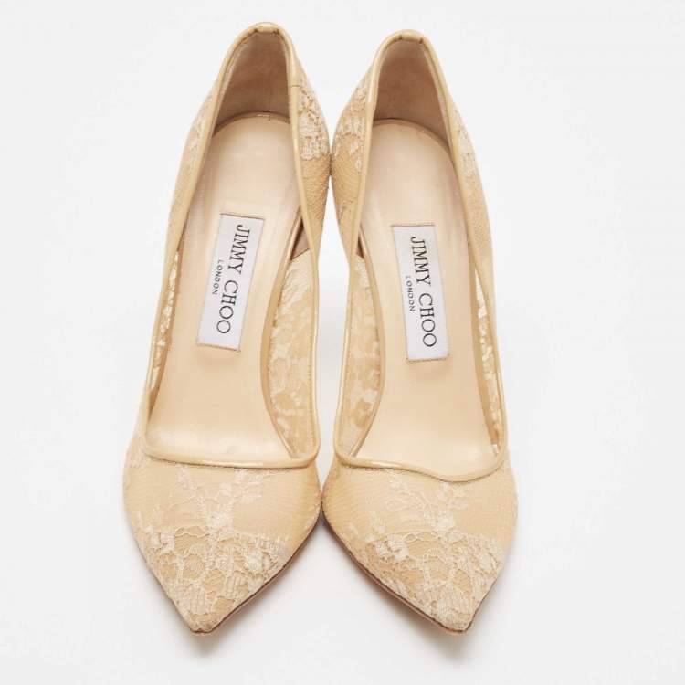 Pre Owned Jimmy Choo Beige Mesh and Patent Romy Pumps Size 38