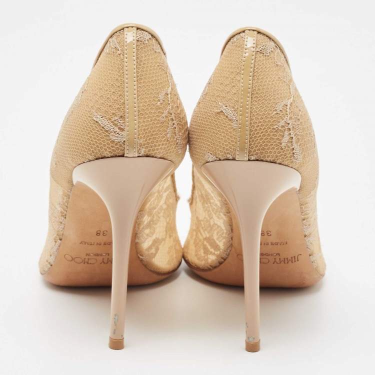 Pre Owned Jimmy Choo Beige Mesh and Patent Romy Pumps Size 38