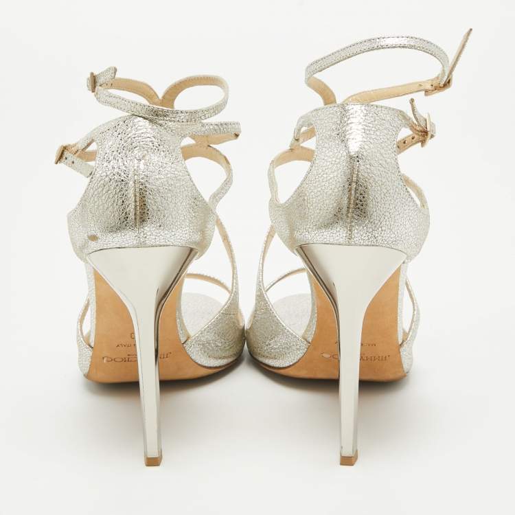 Pre Owned Jimmy Choo Silver Textured Leather Lance Sandals Size 40