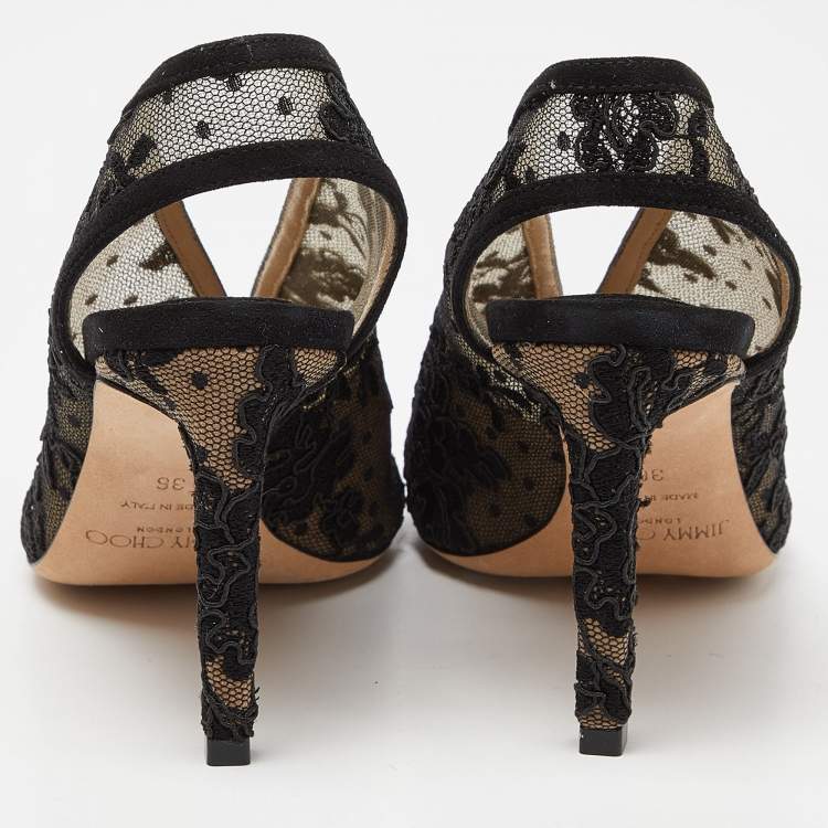 Pre Owned Jimmy Choo Black Lace and Mesh Shar Open-Toe Slingback Sandals Size 36