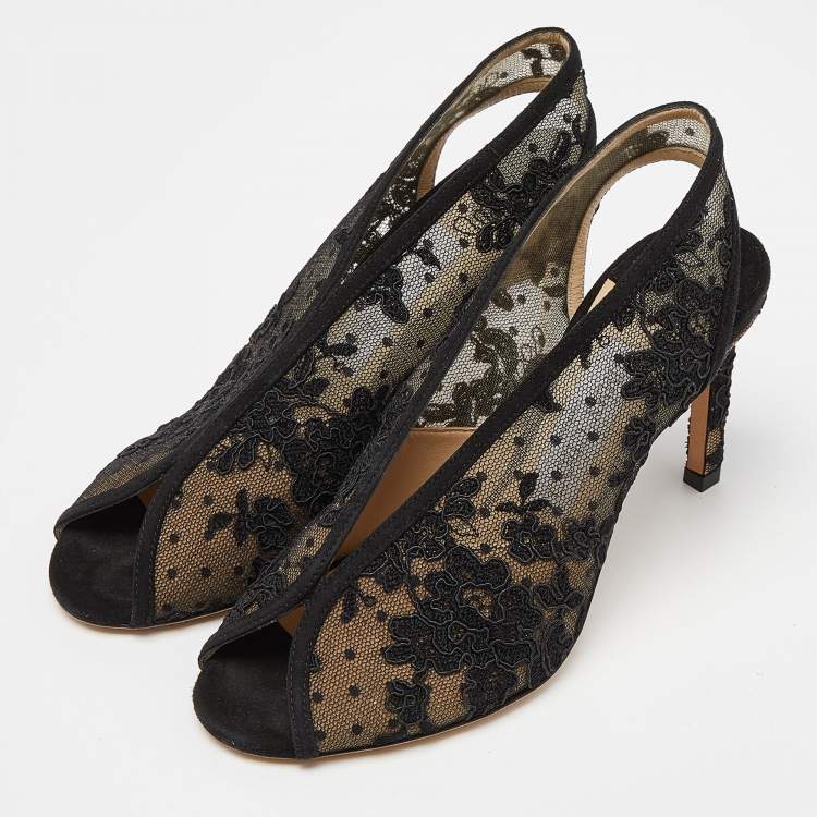 Pre Owned Jimmy Choo Black Lace and Mesh Shar Open-Toe Slingback Sandals Size 36