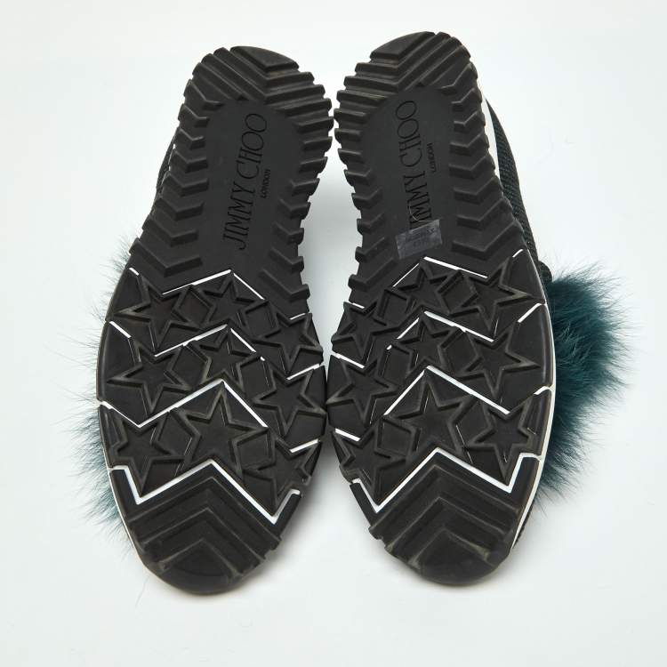 Pre Owned Jimmy Choo Deep Green Knit Fabric and Fur Pom Pom Norway Slip On Sneakers Size 35