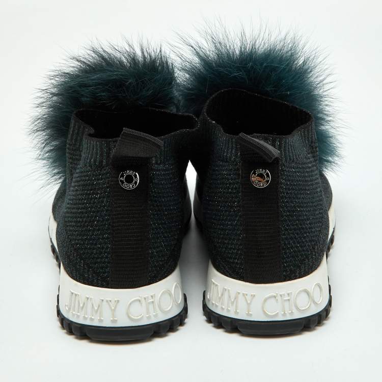Pre Owned Jimmy Choo Deep Green Knit Fabric and Fur Pom Pom Norway Slip On Sneakers Size 35