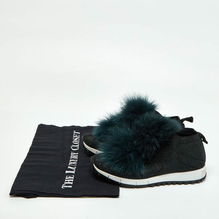 Pre Owned Jimmy Choo Deep Green Knit Fabric and Fur Pom Pom Norway Slip On Sneakers Size 35