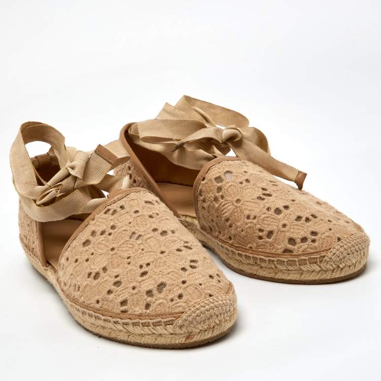 Pre Owned Jimmy Choo Beige Lace Embroidered Ankle Wrap Espadrille Flats Size 40