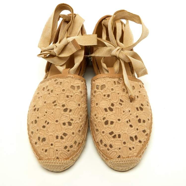 Pre Owned Jimmy Choo Beige Lace Embroidered Ankle Wrap Espadrille Flats Size 40