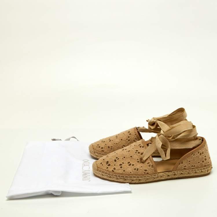 Pre Owned Jimmy Choo Beige Lace Embroidered Ankle Wrap Espadrille Flats Size 40