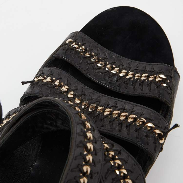 Pre Owned Jimmy Choo Black Leather Chain and Stitch Detail Ankle Strap Flat Sandals Size 41