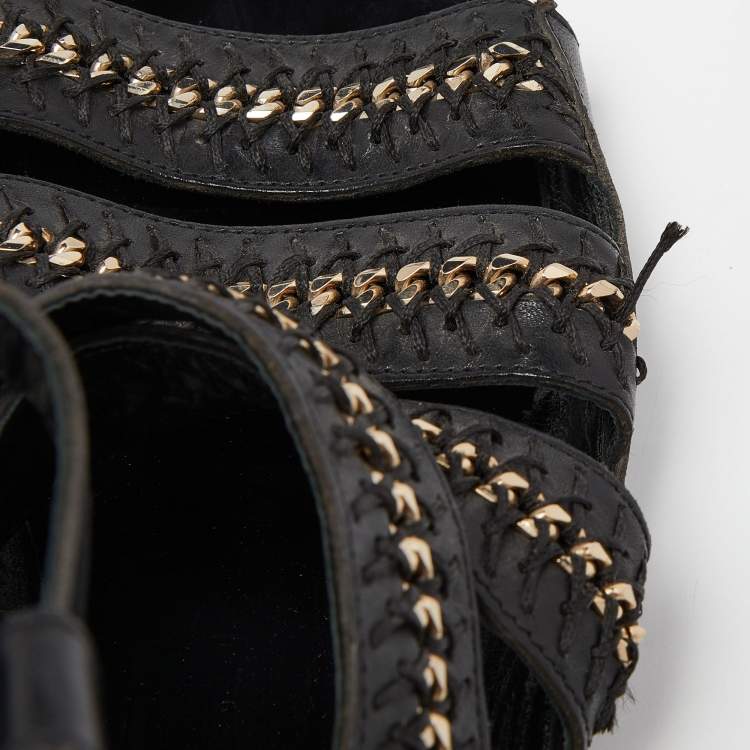 Pre Owned Jimmy Choo Black Leather Chain and Stitch Detail Ankle Strap Flat Sandals Size 41