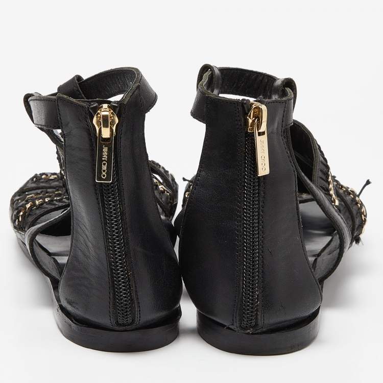 Pre Owned Jimmy Choo Black Leather Chain and Stitch Detail Ankle Strap Flat Sandals Size 41