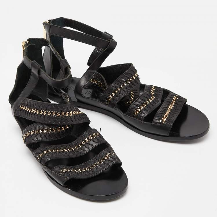 Pre Owned Jimmy Choo Black Leather Chain and Stitch Detail Ankle Strap Flat Sandals Size 41