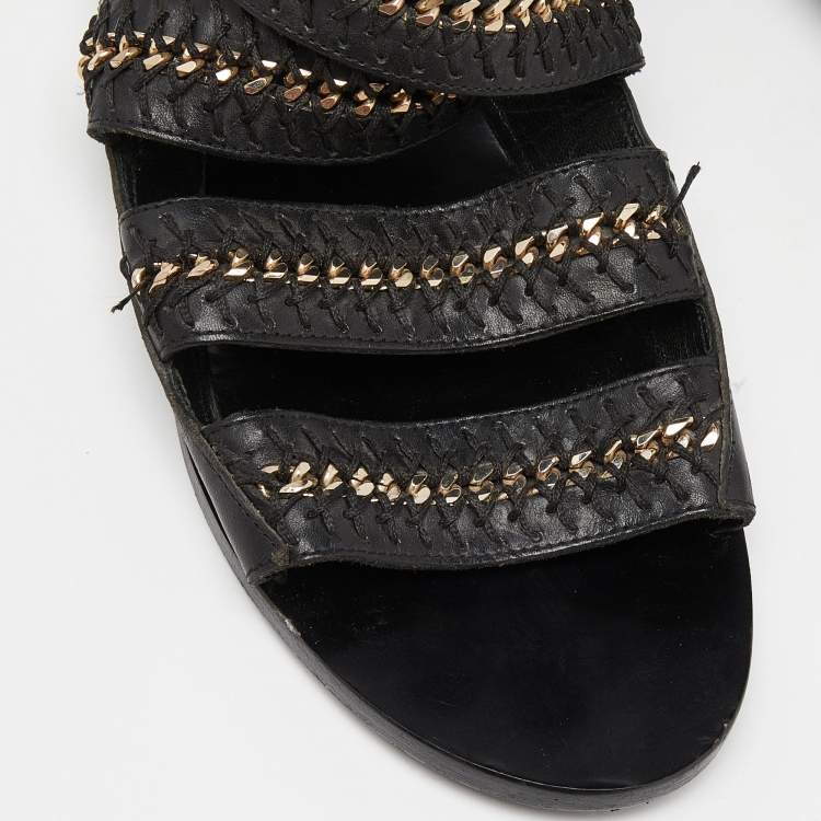 Pre Owned Jimmy Choo Black Leather Chain and Stitch Detail Ankle Strap Flat Sandals Size 41