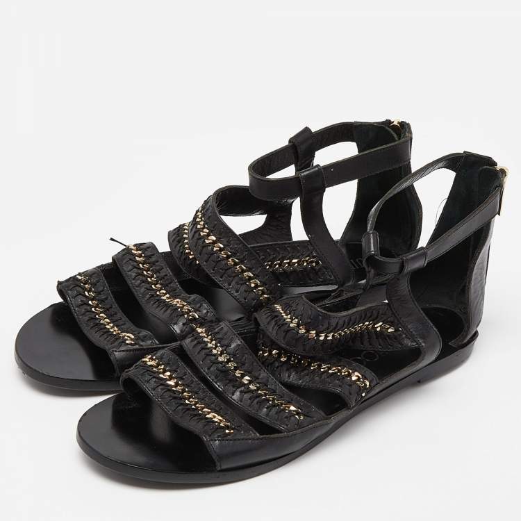Pre Owned Jimmy Choo Black Leather Chain and Stitch Detail Ankle Strap Flat Sandals Size 41
