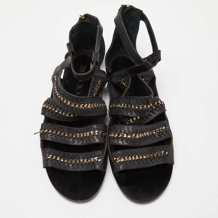 Pre Owned Jimmy Choo Black Leather Chain and Stitch Detail Ankle Strap Flat Sandals Size 41