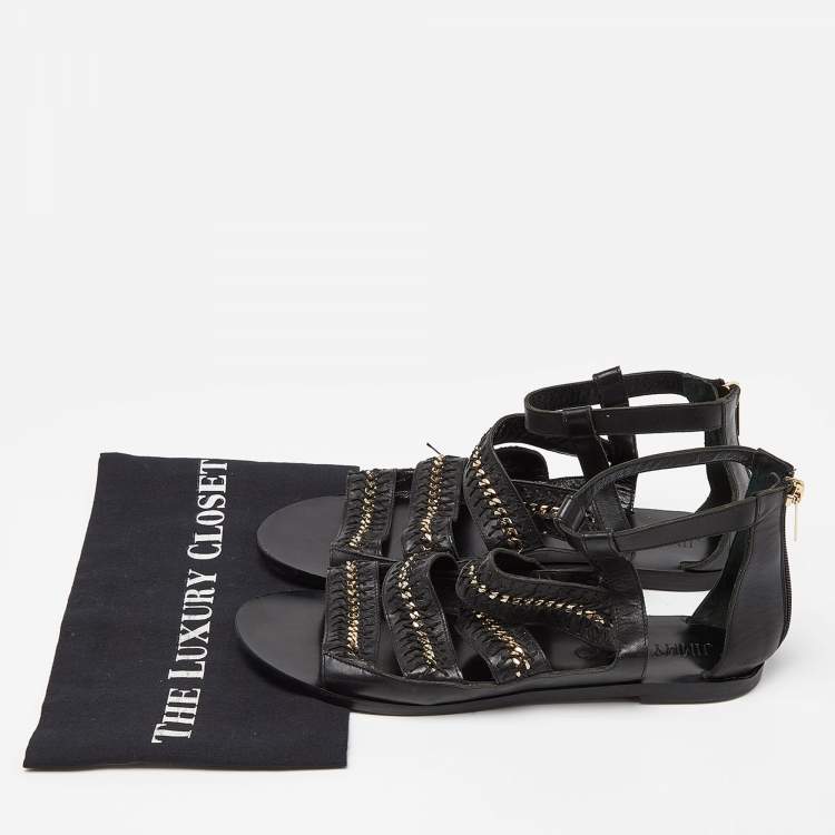 Pre Owned Jimmy Choo Black Leather Chain and Stitch Detail Ankle Strap Flat Sandals Size 41