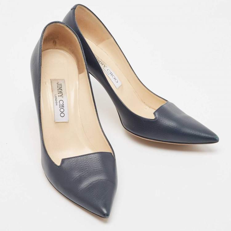 Pre Owned Jimmy Choo Dark Blue Leather Pointed Toe Pumps Size 38.5