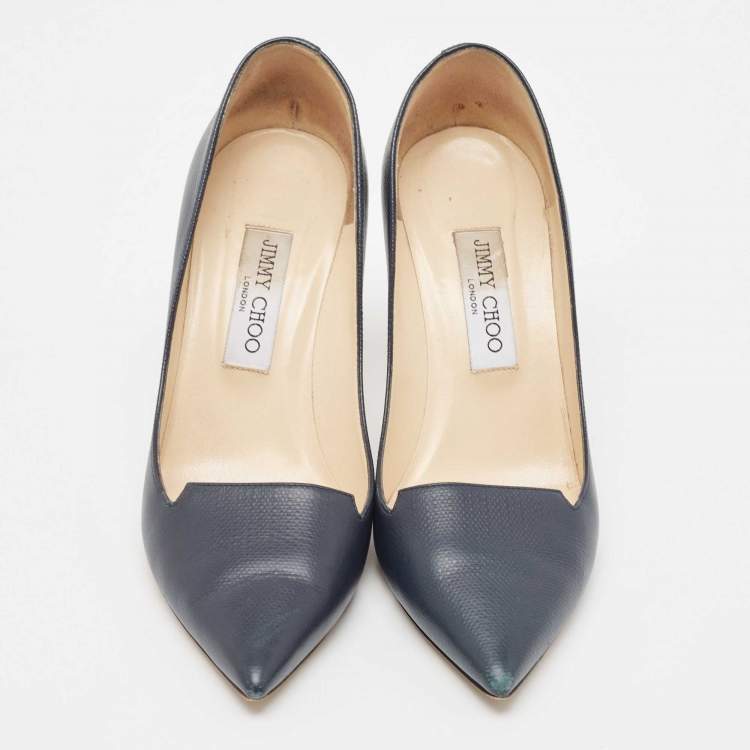 Pre Owned Jimmy Choo Dark Blue Leather Pointed Toe Pumps Size 38.5