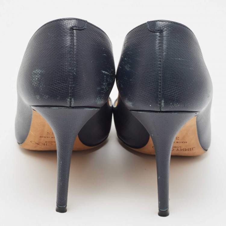 Pre Owned Jimmy Choo Dark Blue Leather Pointed Toe Pumps Size 38.5