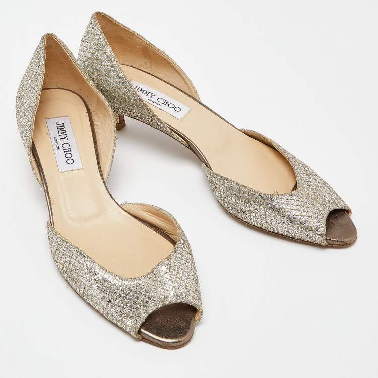 Pre Owned Jimmy Choo Glitter Champagne D'orsay Peep Toe Pumps Size 39.5