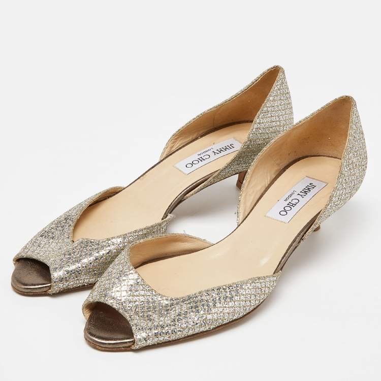 Pre Owned Jimmy Choo Glitter Champagne D'orsay Peep Toe Pumps Size 39.5