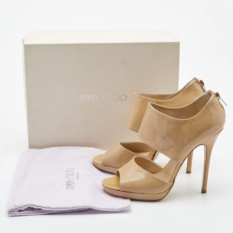 Pre Owned Jimmy Choo Beige Patent Private Ankle Strap Sandals Size 38.5