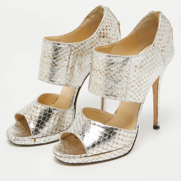 Pre Owned Jimmy Choo Silver/Brown Python Embossed Leather Private Sandals Size 38.5