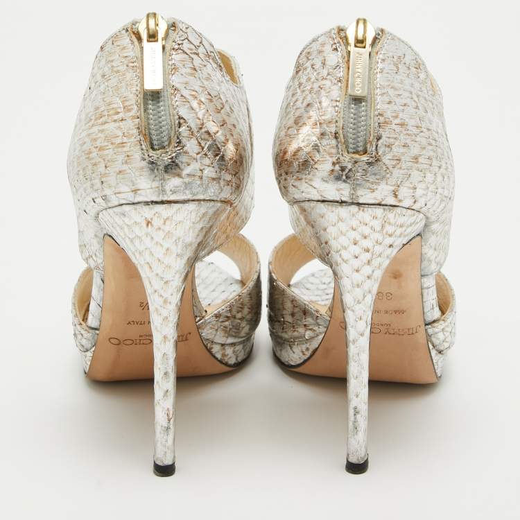 Pre Owned Jimmy Choo Silver/Brown Python Embossed Leather Private Sandals Size 38.5