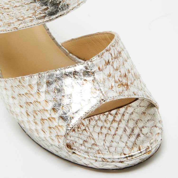 Pre Owned Jimmy Choo Silver/Brown Python Embossed Leather Private Sandals Size 38.5