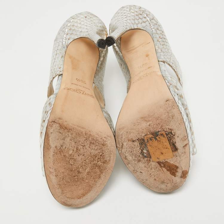Pre Owned Jimmy Choo Silver/Brown Python Embossed Leather Private Sandals Size 38.5