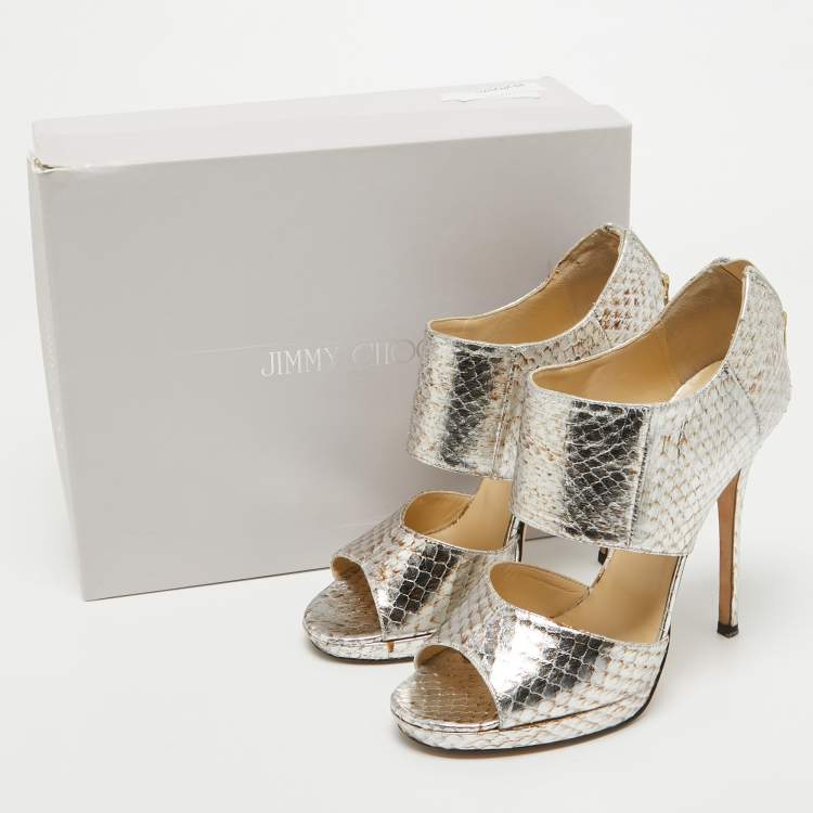 Pre Owned Jimmy Choo Silver/Brown Python Embossed Leather Private Sandals Size 38.5