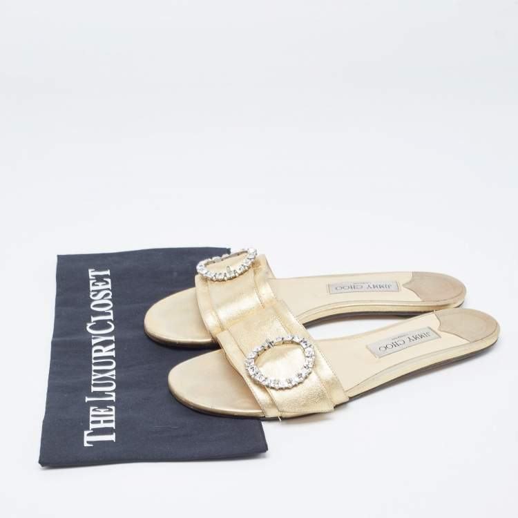 Pre Owned Jimmy Choo Gold Leather Crystal Embellished Buckle Flat Slides Size 40