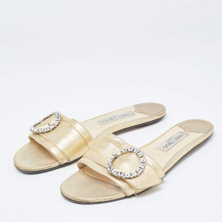 Pre Owned Jimmy Choo Gold Leather Crystal Embellished Buckle Flat Slides Size 40
