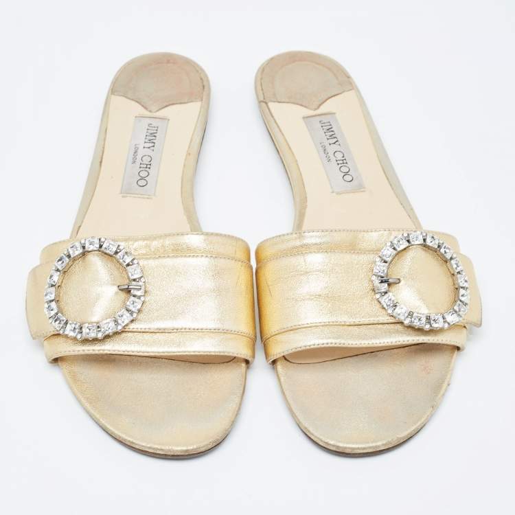Pre Owned Jimmy Choo Gold Leather Crystal Embellished Buckle Flat Slides Size 40