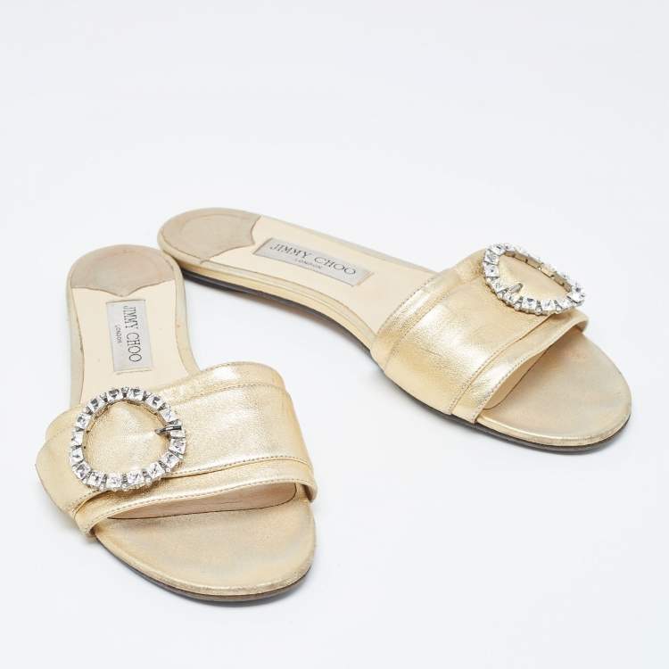 Pre Owned Jimmy Choo Gold Leather Crystal Embellished Buckle Flat Slides Size 40