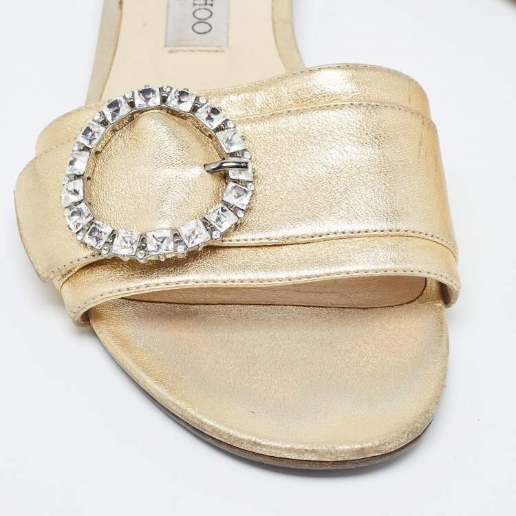 Pre Owned Jimmy Choo Gold Leather Crystal Embellished Buckle Flat Slides Size 40