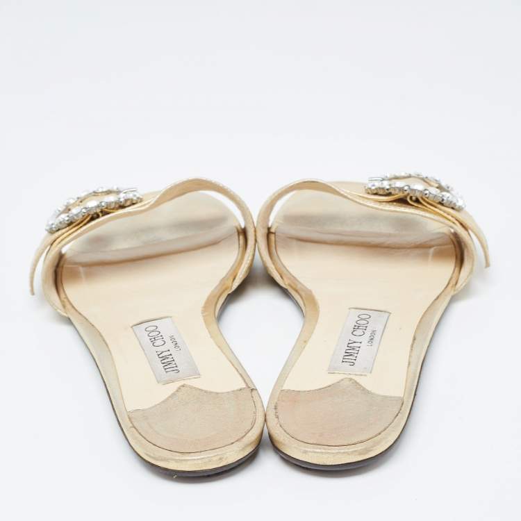 Pre Owned Jimmy Choo Gold Leather Crystal Embellished Buckle Flat Slides Size 40