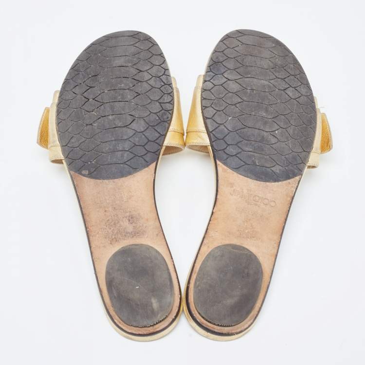 Pre Owned Jimmy Choo Gold Leather Crystal Embellished Buckle Flat Slides Size 40