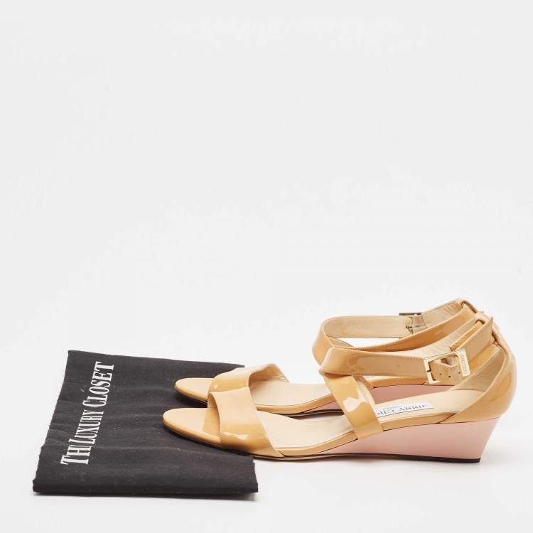 Pre Owned Jimmy Choo Light Orange Patent Leather Chiara Wedge Sandals Size 39