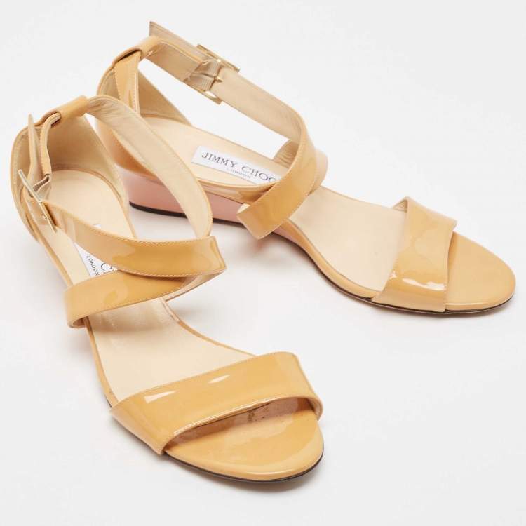 Pre Owned Jimmy Choo Light Orange Patent Leather Chiara Wedge Sandals Size 39