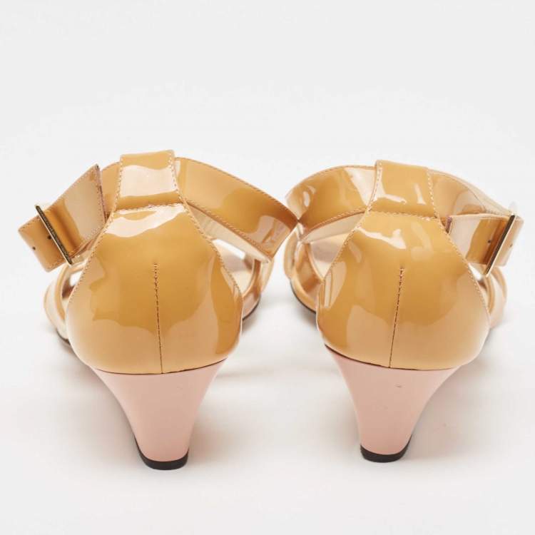 Pre Owned Jimmy Choo Light Orange Patent Leather Chiara Wedge Sandals Size 39