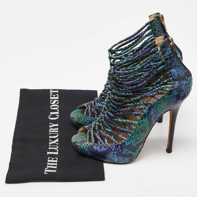 Pre Owned Jimmy Choo Tricolor Embossed Snakeskin Open Toe Strappy Sandals Size 36
