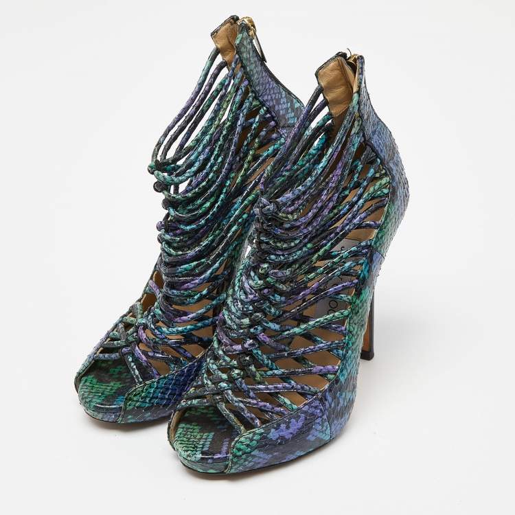 Pre Owned Jimmy Choo Tricolor Embossed Snakeskin Open Toe Strappy Sandals Size 36
