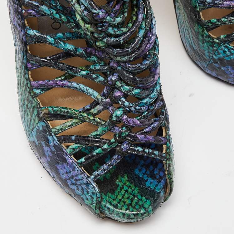 Pre Owned Jimmy Choo Tricolor Embossed Snakeskin Open Toe Strappy Sandals Size 36